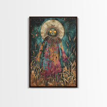 Load image into Gallery viewer, Creepy Moonlit Scarecrow Framed Canvas Print | Halloween Art | Spooky Harvest Artwork | Sinister Scarecrow Art for Home Decor