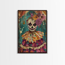 Load image into Gallery viewer, Day of the Dead Doll with Floral Crown Framed Canvas Print, Halloween Art, Creepy Wall Art, Spooky Home Decor, Scary Art, Unique Wall Decor