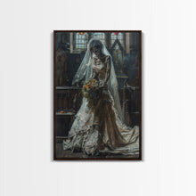 Load image into Gallery viewer, Ghostly Bride in Abandoned Church Framed Canvas Print | Halloween Bride Art | Eerie Bride Decor for Home | Haunted Wedding Artwork