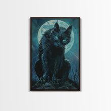 Load image into Gallery viewer, Black Cat with Piercing Eyes Against Full Moon | Halloween Wall Art | Spooky Home Decor | Creepy Black Cat Painting | Framed Canvas Print