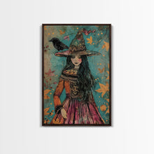 Load image into Gallery viewer, Enchanting Witch with Raven - Halloween Wall Decor - Spooky Home Art Print - Halloween Gift for Witch Lovers - Creepy Art Halloween Decor