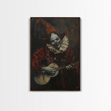 Load image into Gallery viewer, Creepy Clown Playing Guitar, Framed Canvas Print, Spooky Circus Art, Halloween Wall Decor, Horror Clown Illustration, Creepy Home Decor