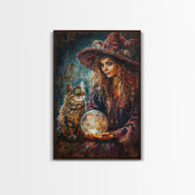 Load image into Gallery viewer, Enchanting Witch with Crystal Ball, Framed Canvas Print, Mystical Halloween Art, Spooky Witch Decor, Witchcraft Illustration, Magical Decor