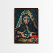 Load image into Gallery viewer, Enchanting Fortune Teller with Crystal Ball Under Moonlight - Mystical Witchcraft Framed Canvas Print, Halloween Gothic Home Decor