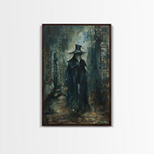 Carregar imagem no visualizador da galeria, Ghostly Figure in Victorian Attire - Eerie Night Stalker Gothic Art Framed Canvas Print, Halloween Haunted House Decor