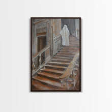 Load image into Gallery viewer, Ghost On Stairs Canvas Print - Halloween Art, Spooky Home Decor, Ghost Wall Art, Haunted House Decor, Halloween Decor, Framed Canvas Print