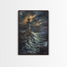 Load image into Gallery viewer, Eerie Castle on Cliff, Halloween Art Print, Spooky Home Decor, Framed Canvas Print, Creepy Art, Halloween Wall Decor, Seasonal Wall Art