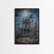 Carregar imagem no visualizador da galeria, Abandoned House Under Moon Full Halloween Art, Spooky Mansion, Haunted Home, Creepy Decor, Gothic Artwork, Framed Canvas Print