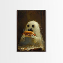 Carregar imagem no visualizador da galeria, Cute Ghost Chompin on A Hot Dog, Ghostly Hot Dog Thief, Framed Canvas Print, Funny Halloween Spooky Season Art