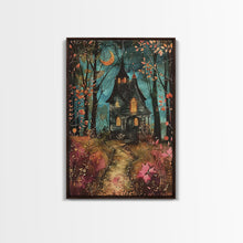 Load image into Gallery viewer, Enchanted Forest Pathway Framed Canvas Print, Haunted Woods Art, Halloween Night, Spooky Path Decor, Mysterious Artwork, Framed Canvas Print