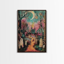 Load image into Gallery viewer, Creepy Moonlit Trees Framed Canvas Print, Haunted Forest Art, Halloween Night Scene, Eerie Woods Decor, Spooky Artwork, Framed Canvas Print