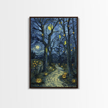 Load image into Gallery viewer, Dark Steamy Train at Night Framed Canvas Print, Halloween Wall Art, Spooky Train Station Decor, Haunted Transportation Artwork, Ghostly Art