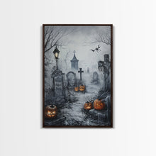 Load image into Gallery viewer, Eerie Graveyard with Pumpkins Framed Canvas Print, Halloween Wall Art, Spooky Cemetery, Home Decor, Gothic Artwork, Living Room Art, Creepy