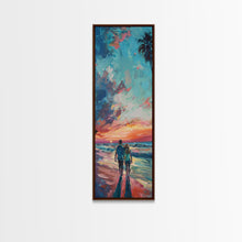 Carregar imagem no visualizador da galeria, Framed Canvas Oil Painting of Sunset on Beach, Coastal Wall Art Print, Colorful Beach Art, Impasto Painting, Long and Narrow Landscape Art