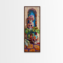 Load image into Gallery viewer, Day of The Dead Inspired Mexican Canvas Painting Framed, Long Narrow Wall Art Print, Spanish Style Home Decor, Contemporary Art Print