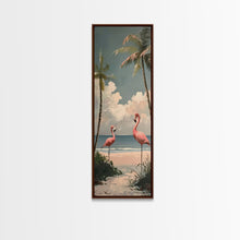 Carregar imagem no visualizador da galeria, Flamingos on Beach, Coastal Art Framed and Printed on Canvas, Modern Beach House Wall Art Print, Housewarming Gift for Her, Beach Print