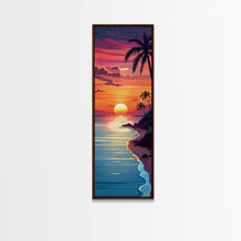Cargar imagen en el visor de la galería, Coastal Sunset Palm Trees Midcentury Modern Art - Framed Canvas Print, Boho Art, Skinny Art, Living Room Art, Bedroom Decor, Tropical Landscape