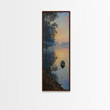 Carregar imagem no visualizador da galeria, Calm River Reflection with a Lone Boat, Skinny and Tall Art, Serene Landscape Framed Canvas Print, Tranquil Wall Art
