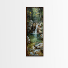 Carregar imagem no visualizador da galeria, Framed Canvas Print Skinny Art of a Serene Waterfall Cascading into a Tranquil Pool in a Lush Forest Landscape, Perfect Tall Art for Nature Lovers
