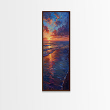 Carregar imagem no visualizador da galeria, Framed Canvas Print of a Colorful Skinny Art Sunset Over the Ocean with a Vibrant Sky Reflecting on the Water in this Tall Coastal Landscape Art
