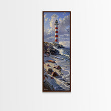 Carregar imagem no visualizador da galeria, Framed Canvas Print Skinny Art of a Majestic Lighthouse Standing Tall Against a Bright Blue Sky with Waves Crashing on Rocky Shores, Perfect Tall Art