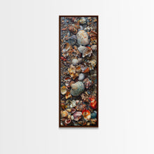 Carregar imagem no visualizador da galeria, Framed Canvas Print Skinny Art of a Variety of Colorful Seashells Arranged in a Textured Pattern, Perfect Tall Art for Beach Themed Rooms