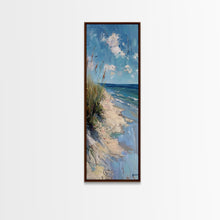 Carregar imagem no visualizador da galeria, Framed Canvas Print Skinny Art of a Peaceful Beach Scene with Sea Oats Blowing in the Wind and Gentle Waves in the Background, Perfect Tall Art for Homes