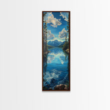 Carregar imagem no visualizador da galeria, Framed Canvas Print Skinny Art of a Clear Lake Surrounded by Pine Trees with Majestic Mountains in the Distance Under a Blue Sky, Ideal Tall Landscape Art