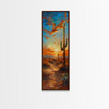 Load image into Gallery viewer, Arizona Desert Landscape with Saguaro Cactus at Sunset on a Framed Canvas Print Skinny Art Piece