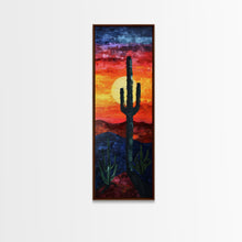Load image into Gallery viewer, Desert Landscape with Saguaro Cactus Silhouette Against a Fiery Sunset on a Framed Canvas Print Skinny Art Piece
