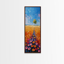 Cargar imagen en el visor de la galería, Colorful Wildflowers in a Field with a Lone Tree Under a Bright Blue Sky on a Framed Canvas Print Tall Art Piece