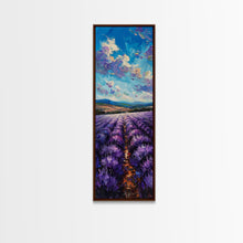Carregar imagem no visualizador da galeria, Framed Canvas Print of Wide Lavender Fields Under a Bright Sky Featuring Skinny Tall Art for Stunning Wall Decor in Home or Office