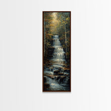 Load image into Gallery viewer, Beautiful Stream Cascading Waterfalls In The Forest at Golden Hour, Framed Canvas Print, Boho Style Landscape Painting Print