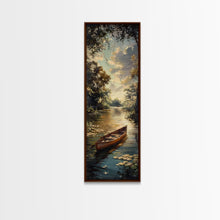 Load image into Gallery viewer, Antique Canoe Framed Canvas Print, lake House Decor, Lake Life Wall Art, Tall Wall Art For Small Spaces