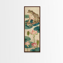 Load image into Gallery viewer, Frogs On Lily Pads Canvas In Japanese Ukiyo-e Style, Traditional Woodblock Print, Framed Canvas Print, Tall Skinny Japanese Wall Art, Ready To Hang