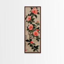 Carregar imagem no visualizador da galeria, Framed Canvas Print Of Japanese Floral Art With Camellia Blossoms And Detailed Leaves Ready To Hang Traditional Japanese Wall Art Decor