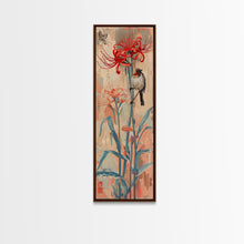 Load image into Gallery viewer, Bird Perched On Bright Red Lily Flower Skinny Art Tall Art Framed Canvas Print Japanese Style Art Ukiyo-e Art Wood Block Print Floral Detailed