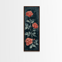 Load image into Gallery viewer, Deep Red Roses With Dark Green Foliage Skinny Art Tall Art Framed Canvas Print Japanese Style Art Ukiyo-e Art Wood Block Print Elegant Floral