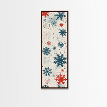 Cargar imagen en el visor de la galería, Festive Snowflakes In Red, Blue, And White On A Cream Background, Skinny Art Tall Wall Art Framed Canvas Print Japanese Style Art