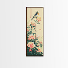 Load image into Gallery viewer, Bird Perched On Floral Branch With Butterfly Ukiyo-e Art Framed Canvas Print Japanese Style Tall Art Wood Block Print Skinny Art