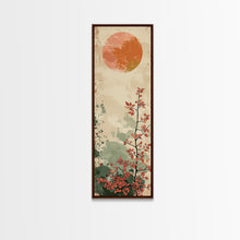 Carregar imagem no visualizador da galeria, Abstract Sun Over Branch With Red Leaves Framed Canvas Print Ukiyo-e Wall Art Tall Art Wood Block Print Skinny Art Japanese Style