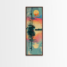 Carregar imagem no visualizador da galeria, Fishing Boat Reflecting in Water with Vibrant Sunset, Japanese Art-Inspired Tall Framed Canvas Print for Wall Art