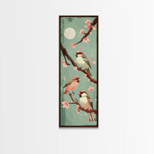 Load image into Gallery viewer, Delicate Sparrows Perched On Cherry Blossoms Under Full Moon Serene Nighttime Setting Captured Tall Framed Canvas Print Nature Scene