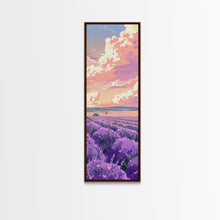 Carregar imagem no visualizador da galeria, Expansive Lavender Field Beneath a Dramatic Cloudy Sky in Warm Pastel Hues Ukiyo-e Art Japanese Framed Canvas Print Skinny Tall Art