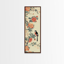 Load image into Gallery viewer, Bird Among Camellia Flowers On Light Background Skinny Art Ukiyo-e Wood Block Print Framed Canvas Print