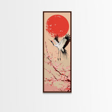 Load image into Gallery viewer, Elegant Crane Bird In Mid-flight Against Bold Red Sun Ukiyo-e Tall Skinny Wood Block Framed Canvas Print Japanese Style Art