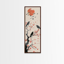 Load image into Gallery viewer, Crows On Bare Tree Branches Against Red Sun Skinny Art Wood Block Print Japanese Style Art Framed Canvas Print Tall Art Ukiyo-e Art