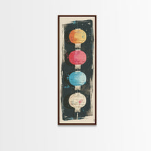 Load image into Gallery viewer, Colorful Lanterns Hanging in a Vertical Row with Abstract Background - Skinny Art, Japanese Wall Decor, Framed Canvas Print, Ukiyo-e Style