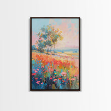 Load image into Gallery viewer, Blossoming Meadow with Trees - Framed Canvas Print, Peaceful Living Room Art, Serene Bedroom Decor, Vibrant Flower Art, Wall Art