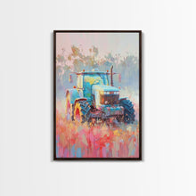Cargar imagen en el visor de la galería, Farm Tractor in Vibrant Meadow - Framed Canvas Print, Countryside Living Room Art, Pastel Bedroom Decor, Rural Art, Wall Art